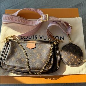 Louis Vuitton Monogram Multi Pochette with Pink Shoulder Strap and Gold Hardware